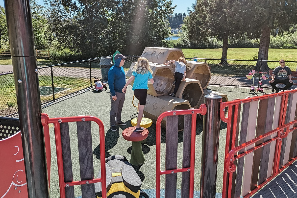 A honeycomb shaped play climber is one of the fun features at Ballinger Park's new playground