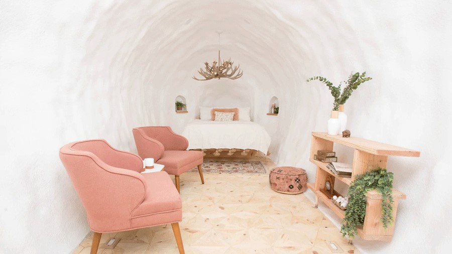 Interior view of a unique vacation rental shaped like a potato