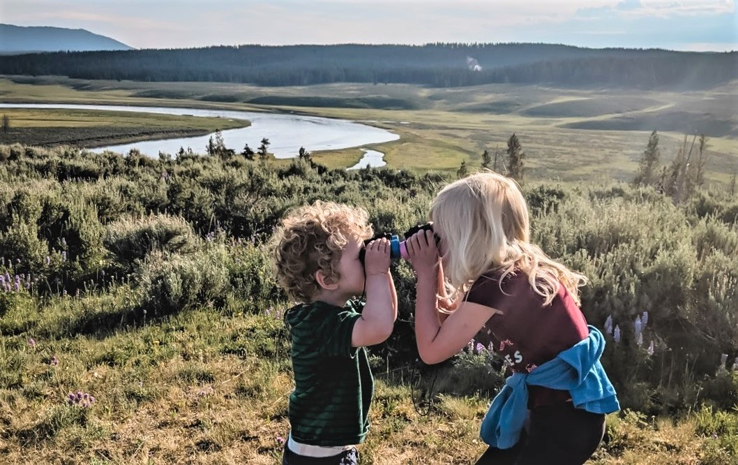 Kids in front of beautiful scenery of mountains and meadows on a family camper van road trip to western national parks