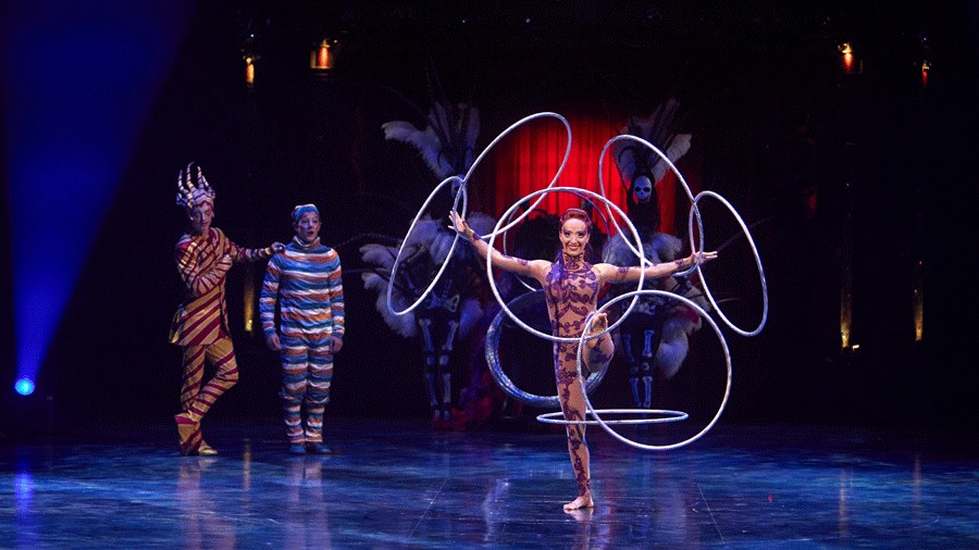 "KOOZA" performer spinning hoops on all four limbs during a circus act