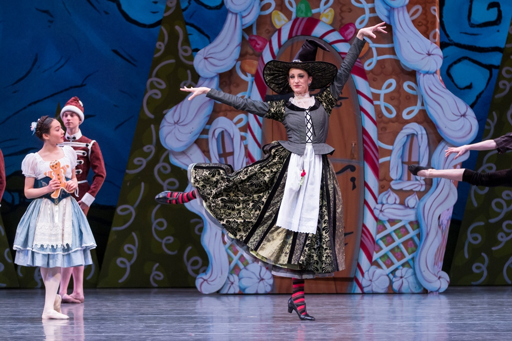 Guest artist Ariana Lallone as the witch, with Pacific Northwest Ballet School students in Bruce Wells’ Hansel & Gretel, which PNB is presenting through March 25, 2017. For tickets and information, contact the PNB Box Office, 206.441.2424 or PNB.org. Photo © Lindsay Thomas.