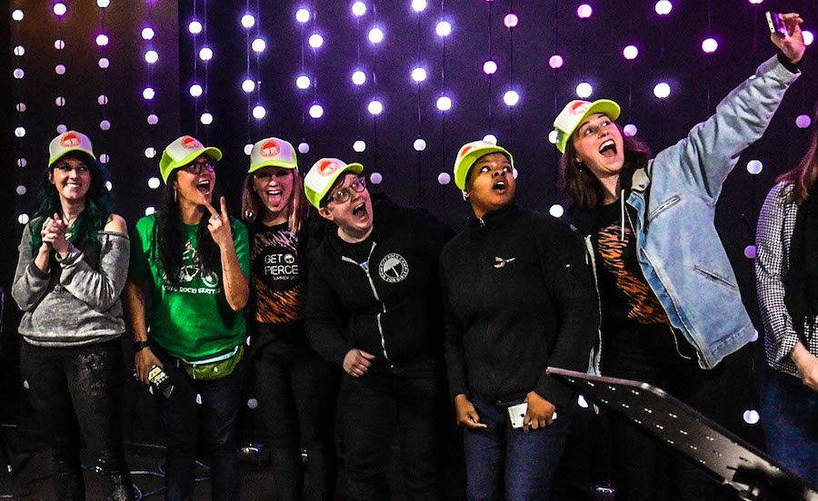 teens take a selfie at KEXP in 2018 for the Girls' Rock Camp