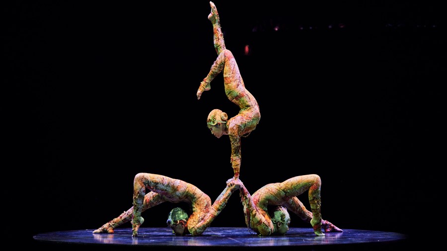 Acrobats stacked on top of each other during a production of Kooza in Redmond in Seattle 2025