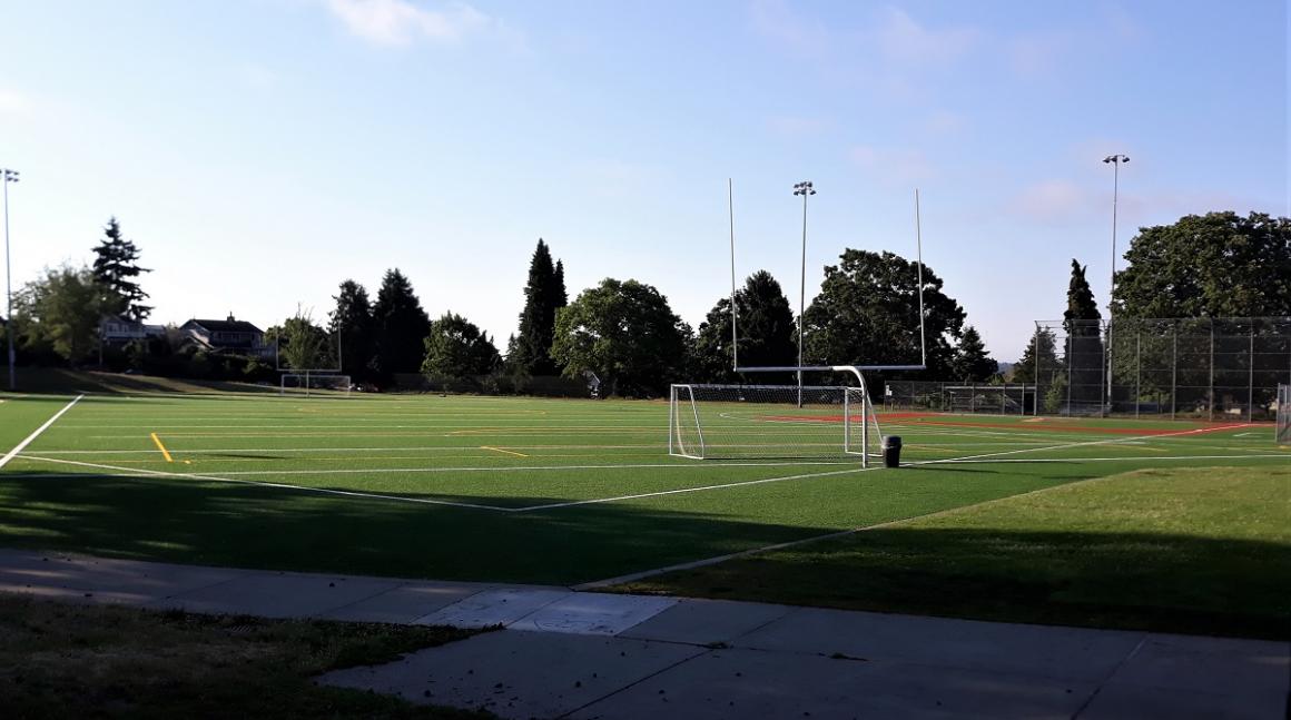 View of brand new turf at Loyal Heights Playfield site of families playing sports, Frisbee, frolicking Seattle fun