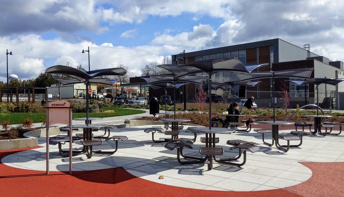 Covered tables seating for families and grown ups at sunset neighborhood park in renton