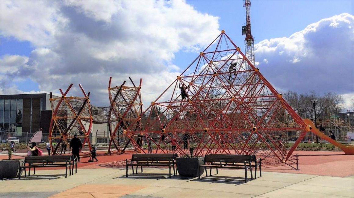 A view of the pyramid climbing structure at Sunset Neighborhood Park in Renton