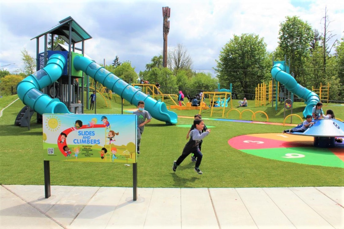 West Fenwick slides and climbers game instructions and sign at new playground near Seattle