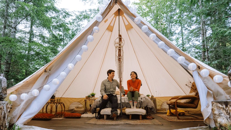 couple yurt camping in the Pacific Northwest