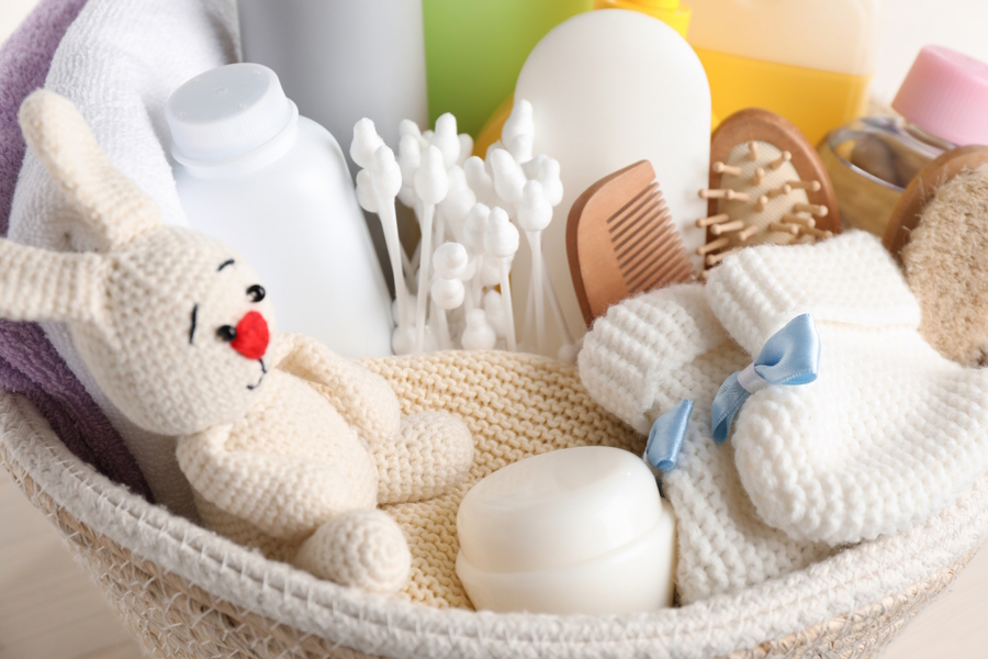 a basket of baby supplies