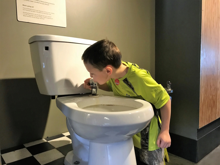 drinking from a toilet at Exploratorium 