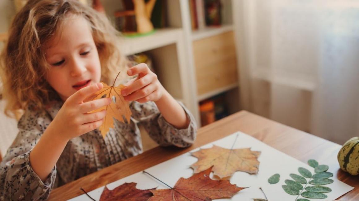 Kid-making-art-with autumn-leaves