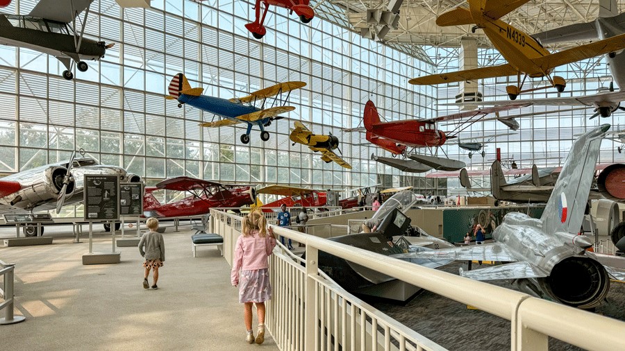 kids walking in The Museum of Flight Great Gallery, a fun indoor activity in Seattle