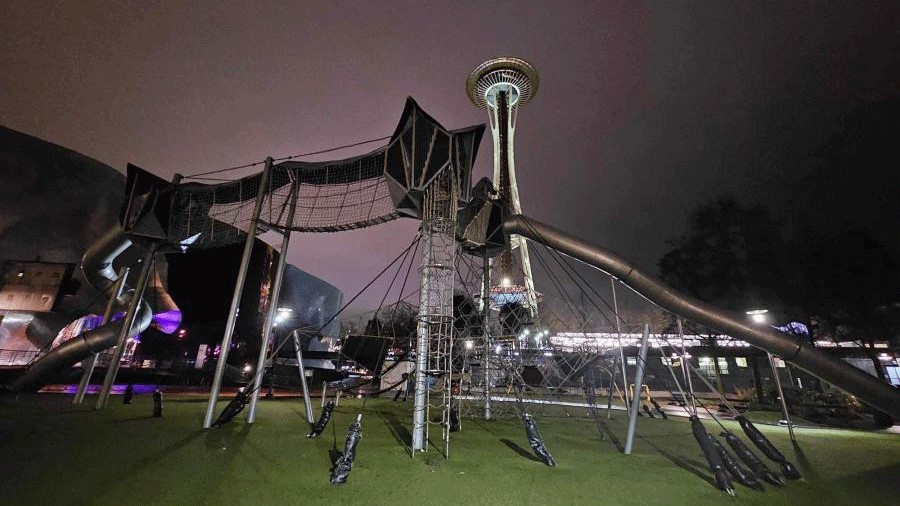 Artists at Play Playground at Seattle Center, a lighted Seattle Playground