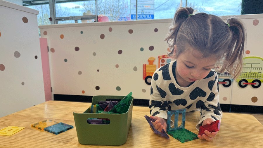 Building with Magna-Tiles at Little Pandas Play Cafe in Everett