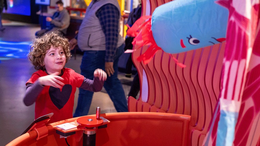 A child plays with a large red object at the new Brainy Bodies exhibit at PacSci in Seattle