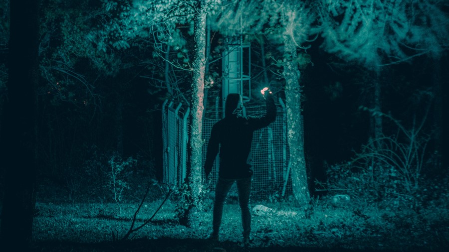 Person holding light up in haunted woods at Wild Waves Fright Fest near Seattle