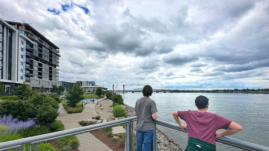 kids looking at the Vancouver, Washington waterfront park, a main attraction in the city