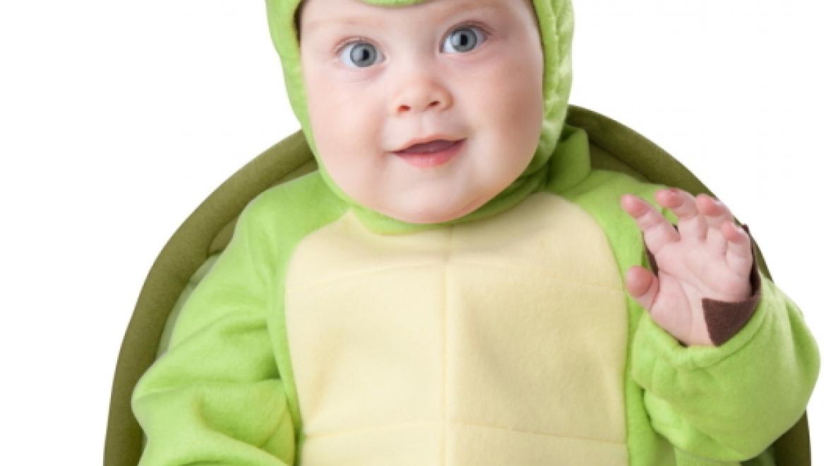 Baby wearing a turtle costume